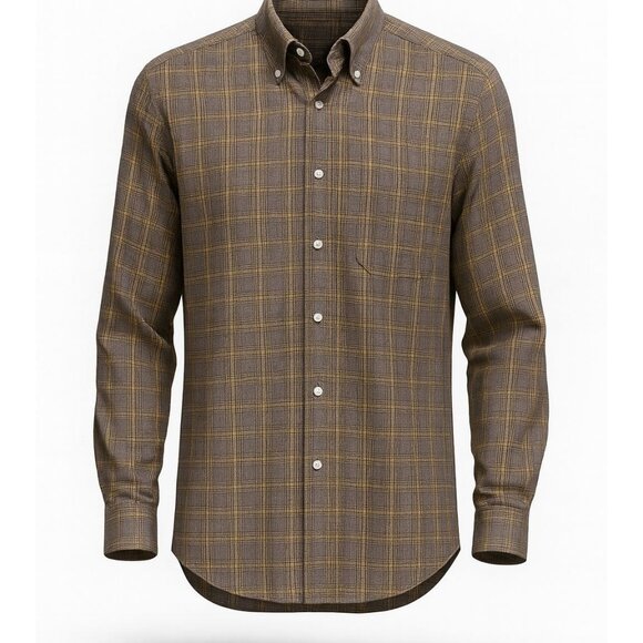 Peter Millar Shirt Mens Size Medium Brown Yellow Plaid Crown Logo Button Down - Picture 1 of 7